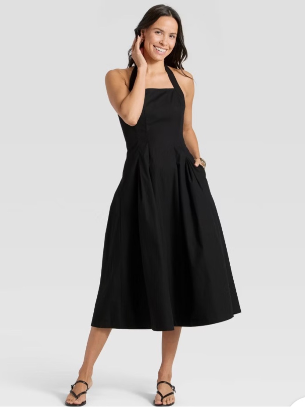 NWT Target A New Day Black Halter Midi Dress Fit & Flare Smocked Pockets Size L